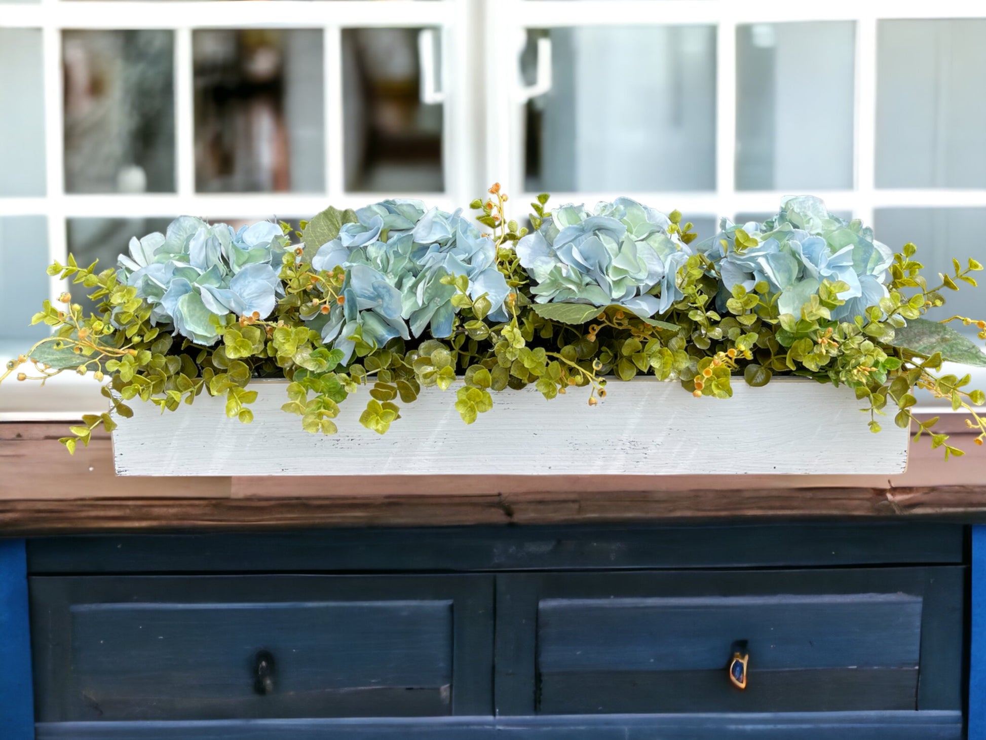 Centerpiece Table Farmhouse  CUSTOM [Kitchen Table Dining room Mantle Coffee Table]Floral Arrangement Hydrangea Boxwood Greenery Planter Box - Wooden Hearts Inc