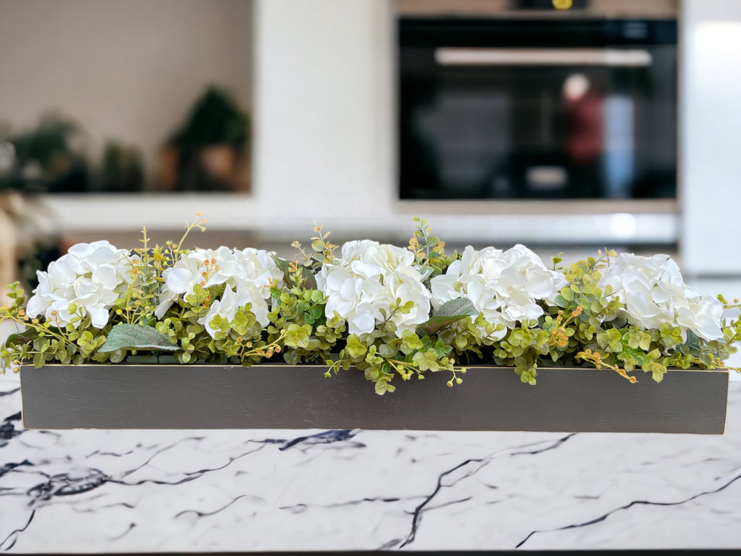 Centerpiece Table Farmhouse  CUSTOM [Kitchen Table Dining room Mantle Coffee Table]Floral Arrangement Hydrangea Boxwood Greenery Planter Box - Wooden Hearts Inc