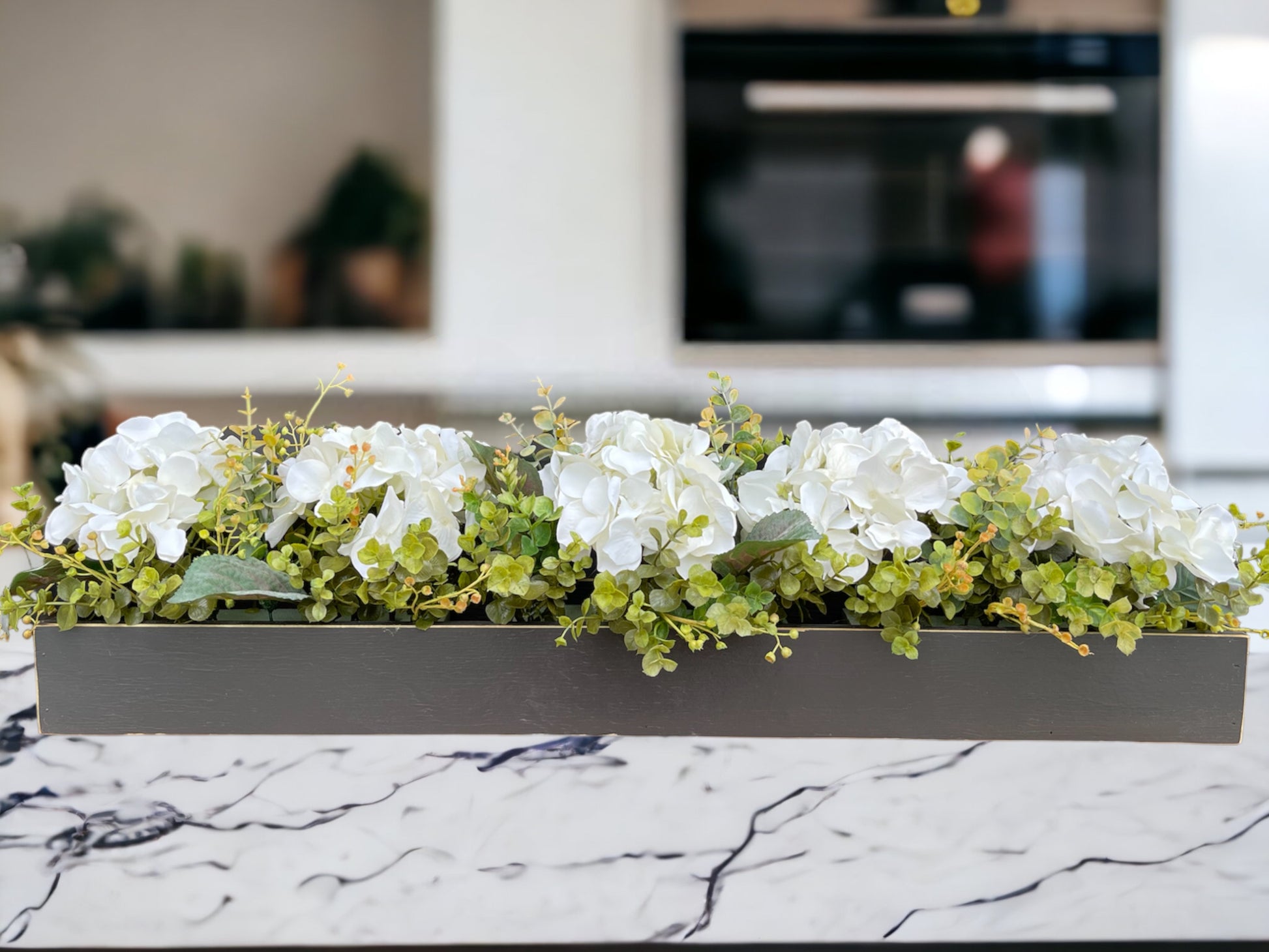 Centerpiece Table Farmhouse  CUSTOM [Kitchen Table Dining room Mantle Coffee Table]Floral Arrangement Hydrangea Boxwood Greenery Planter Box - Wooden Hearts Inc