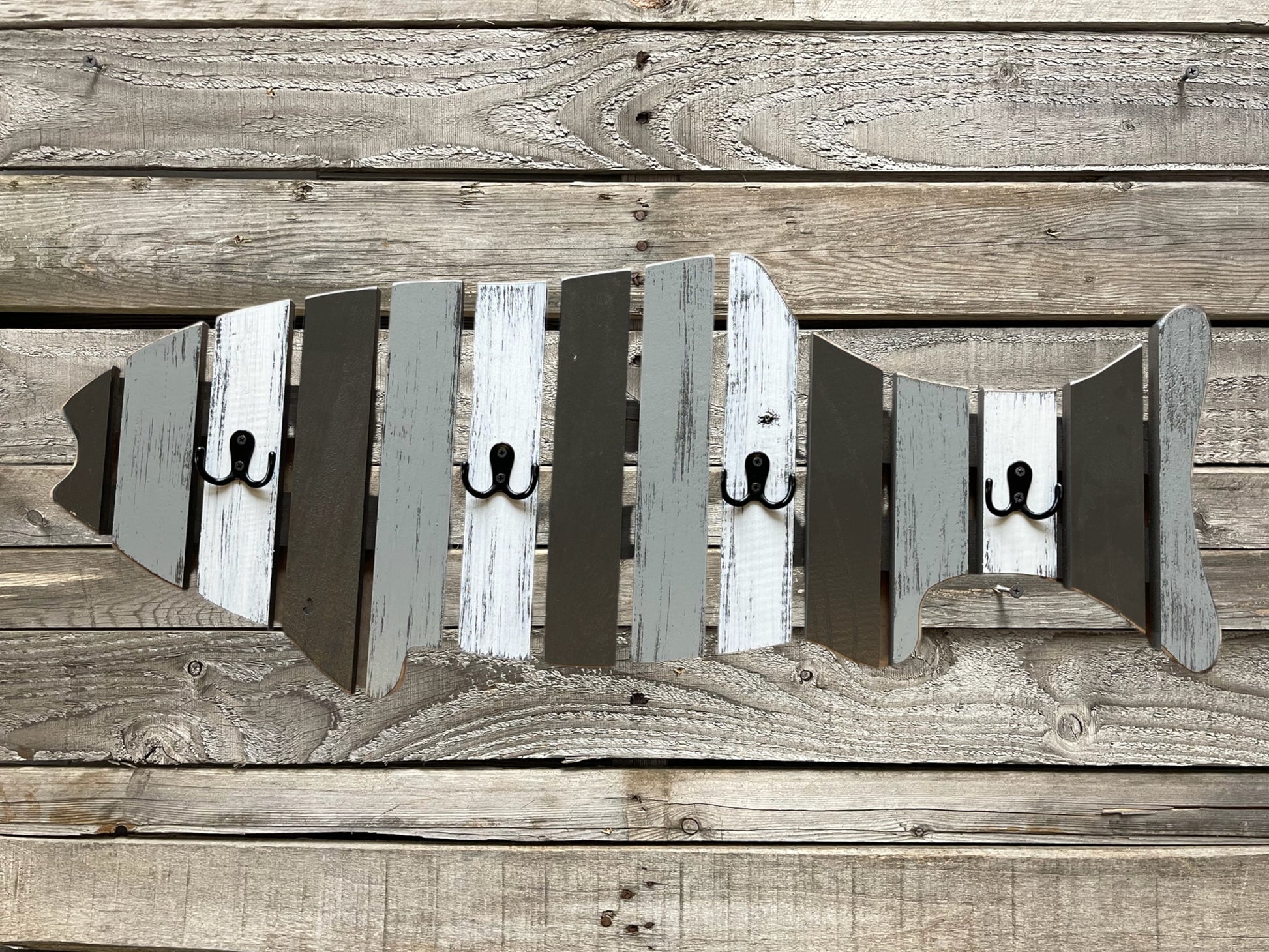 COAT RACK FISH Wood Towel, 4 metal hooks Lake Home Wall Cabin Distressed Red Fisherman - Wooden Hearts Inc