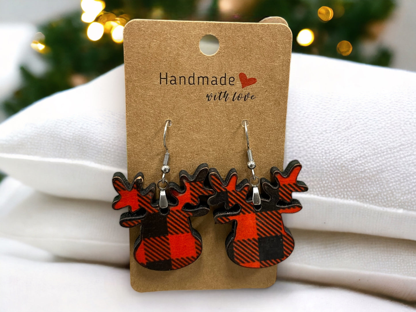 Copy of EARRINGS Buffalo Plaid Reindeer Winter [Red Black] Stainless steel Hypo-Allergenic [ Hanging  Dangle Boho] Light weight Wood Holiday - Wooden Hearts Inc