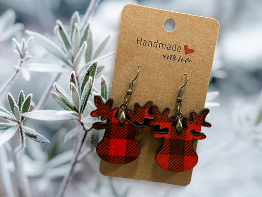 Copy of EARRINGS Buffalo Plaid Reindeer Winter [Red Black] Stainless steel Hypo-Allergenic [ Hanging  Dangle Boho] Light weight Wood Holiday - Wooden Hearts Inc