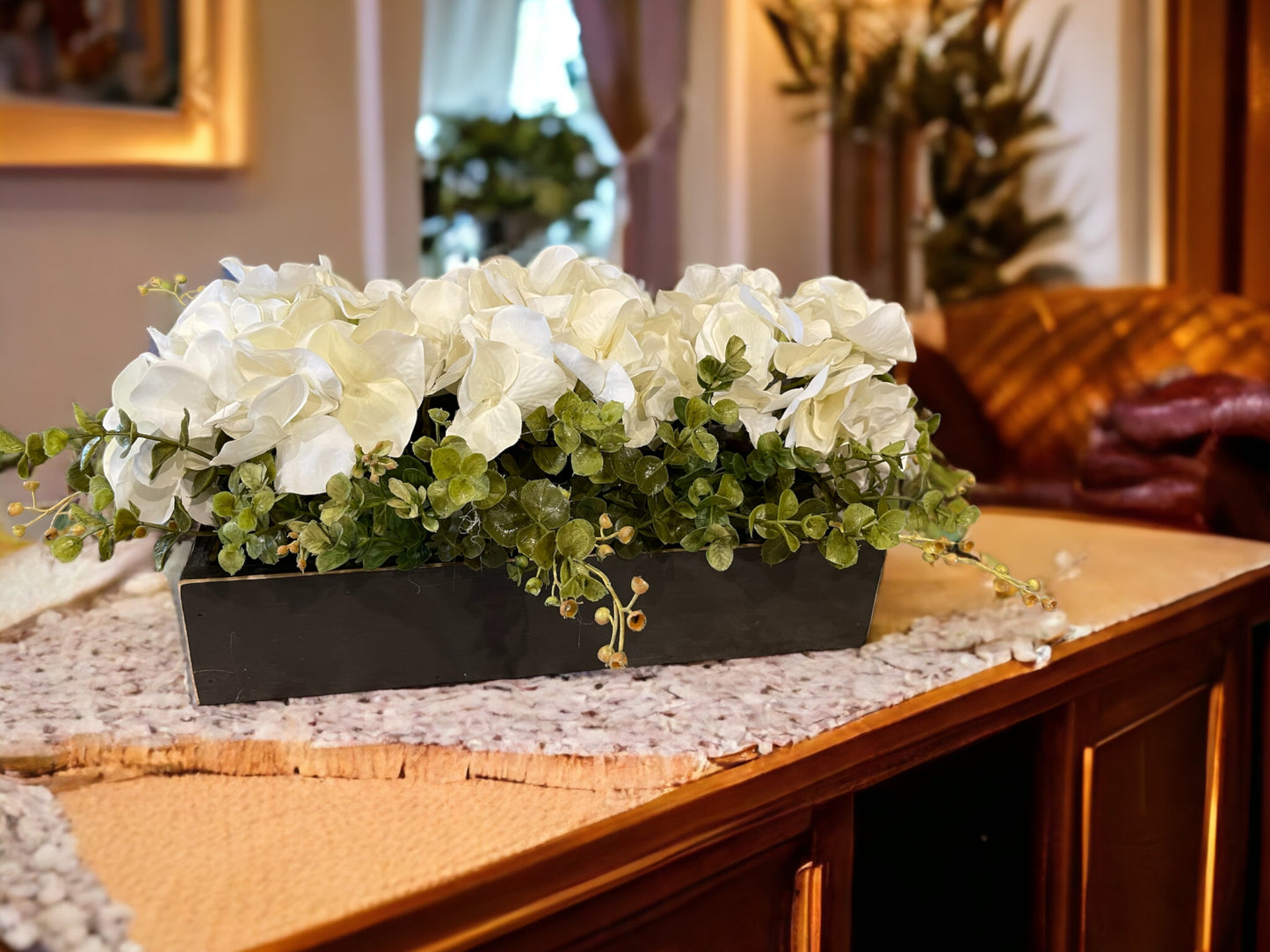 Centerpiece Table Farmhouse  CUSTOM [Kitchen Table Dining room Mantle Coffee Table]Floral Arrangement Hydrangea Boxwood Greenery Planter Box - Wooden Hearts Inc
