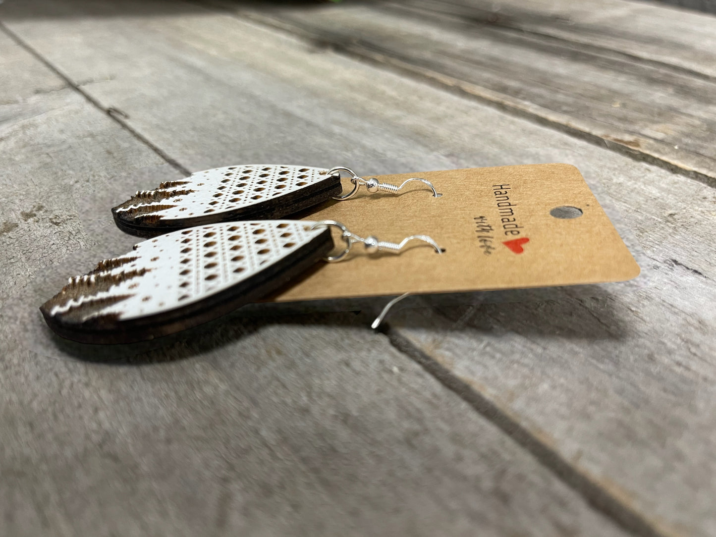 EARRINGS Engraved Teardrop Winter Trees [Red Black] Stainless steel Hypo-Allergenic [ Hanging  Dangle Boho] Light weight Wood Holiday - Wooden Hearts Inc