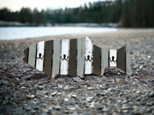 COAT RACK FISH Wood Towel, 4 metal hooks Lake Home Wall Cabin Distressed Blue Fisherman - Wooden Hearts Inc