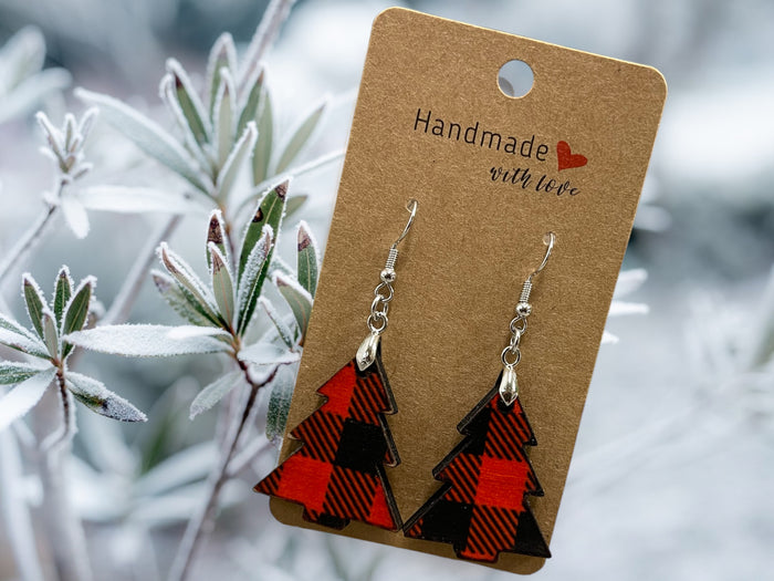 EARRINGS Buffalo Plaid Tree Winter [Red Black] Stainless steel Hypo-Allergenic [ Hanging  Dangle Boho] Light weight Wood Holiday
