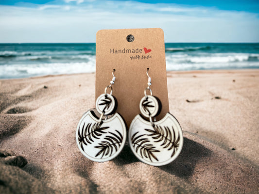 Earrings Tropical Leaf Engraved on White Boho Dangle - Wooden Hearts Inc
