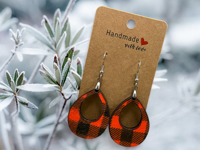 EARRINGS Buffalo Plaid Teardrop Winter [Red Black] Stainless steel Hypo-Allergenic [ Hanging Teardrop Dangle Boho] Light weight Wood Holiday