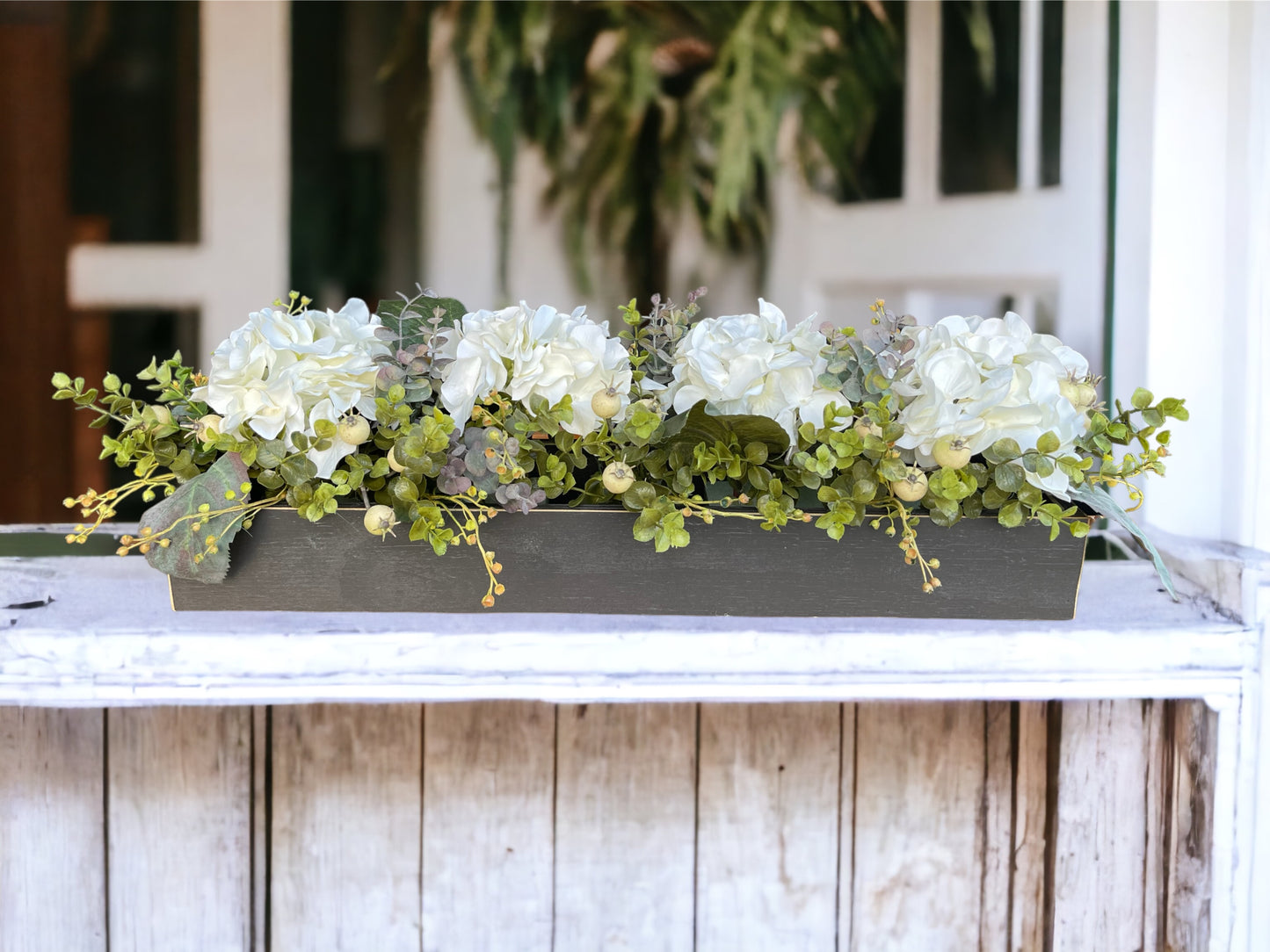 Centerpiece Table Farmhouse  CUSTOM [Kitchen Table Dining room Mantle Coffee Table]Floral Arrangement Hydrangea Boxwood Greenery Planter Box - Wooden Hearts Inc