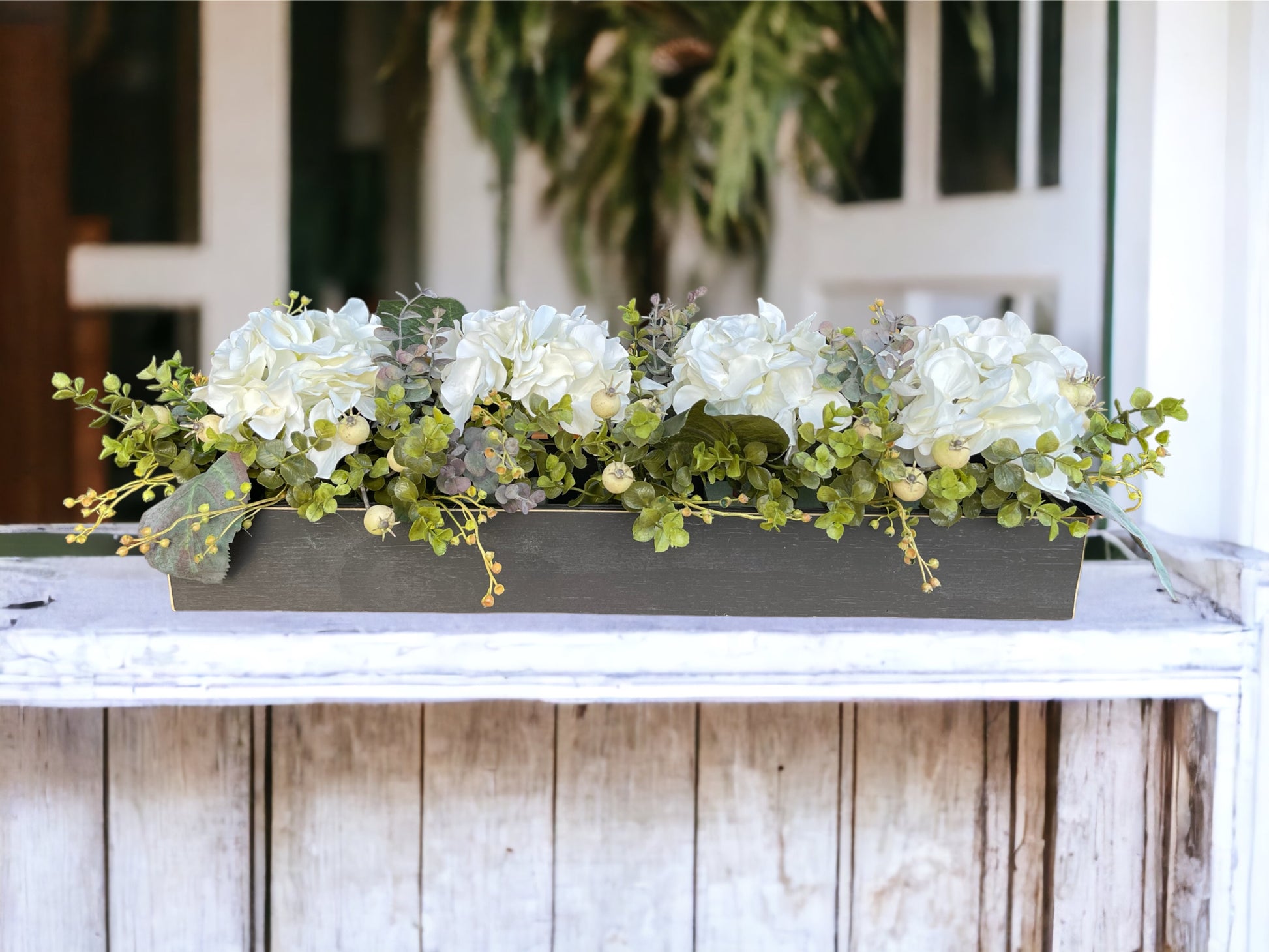 Centerpiece Table Farmhouse  CUSTOM [Kitchen Table Dining room Mantle Coffee Table]Floral Arrangement Hydrangea Boxwood Greenery Planter Box - Wooden Hearts Inc