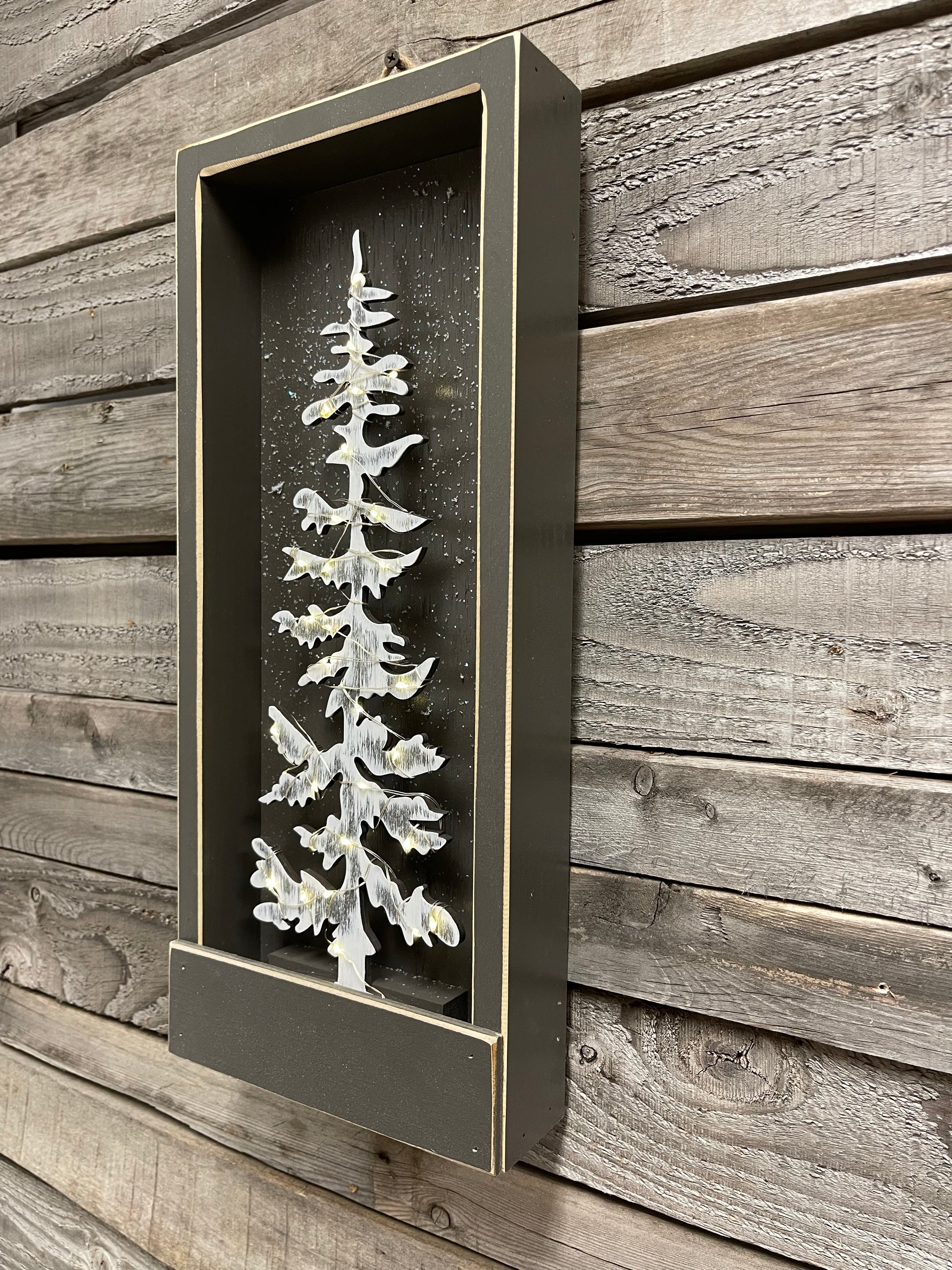 Tree Lighted Framed Wall Decor [Christmas Winter] 8 mode Fairy Lights with Timer [Christmas Winter} Holiday Wood Box [Glitter Snow] 3D - Wooden Hearts Inc