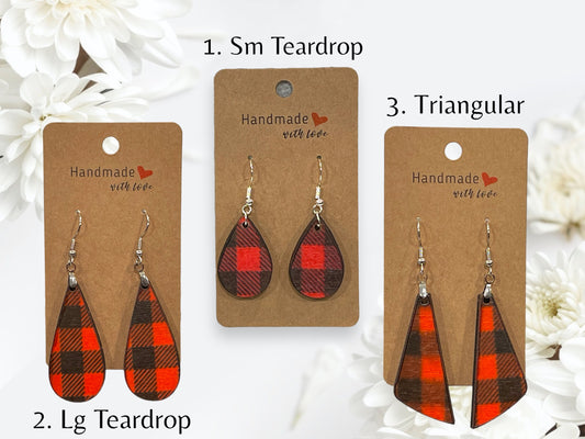 EARRINGS Buffalo Plaid [Red Black] Stainless steel Hypo-Allergenic [ Hanging Teardrop Dangle Boho] Light weight Wood - Wooden Hearts Inc