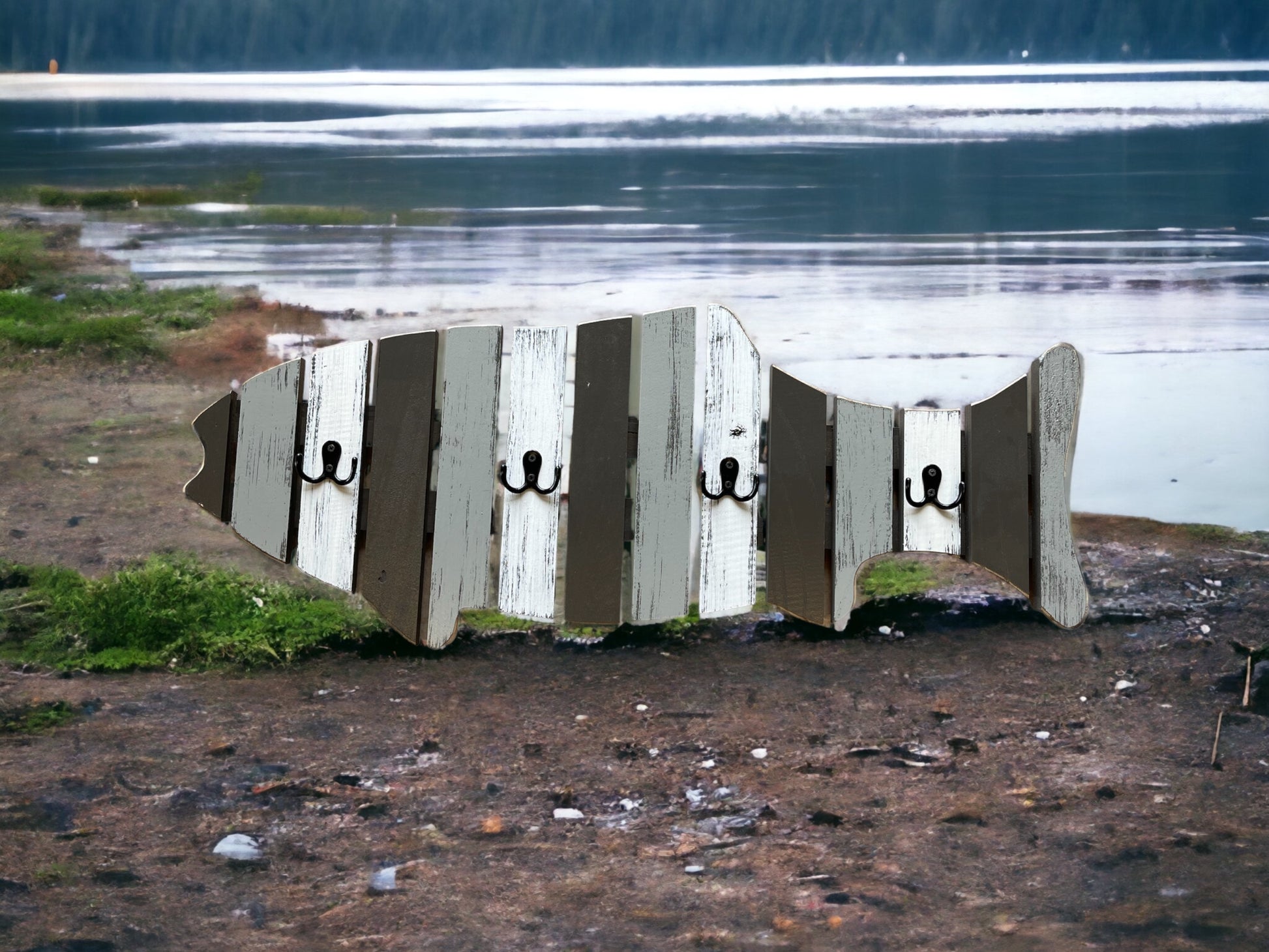 COAT RACK FISH Wood Towel, 4 metal hooks Lake Home Wall Cabin Distressed Red Fisherman - Wooden Hearts Inc