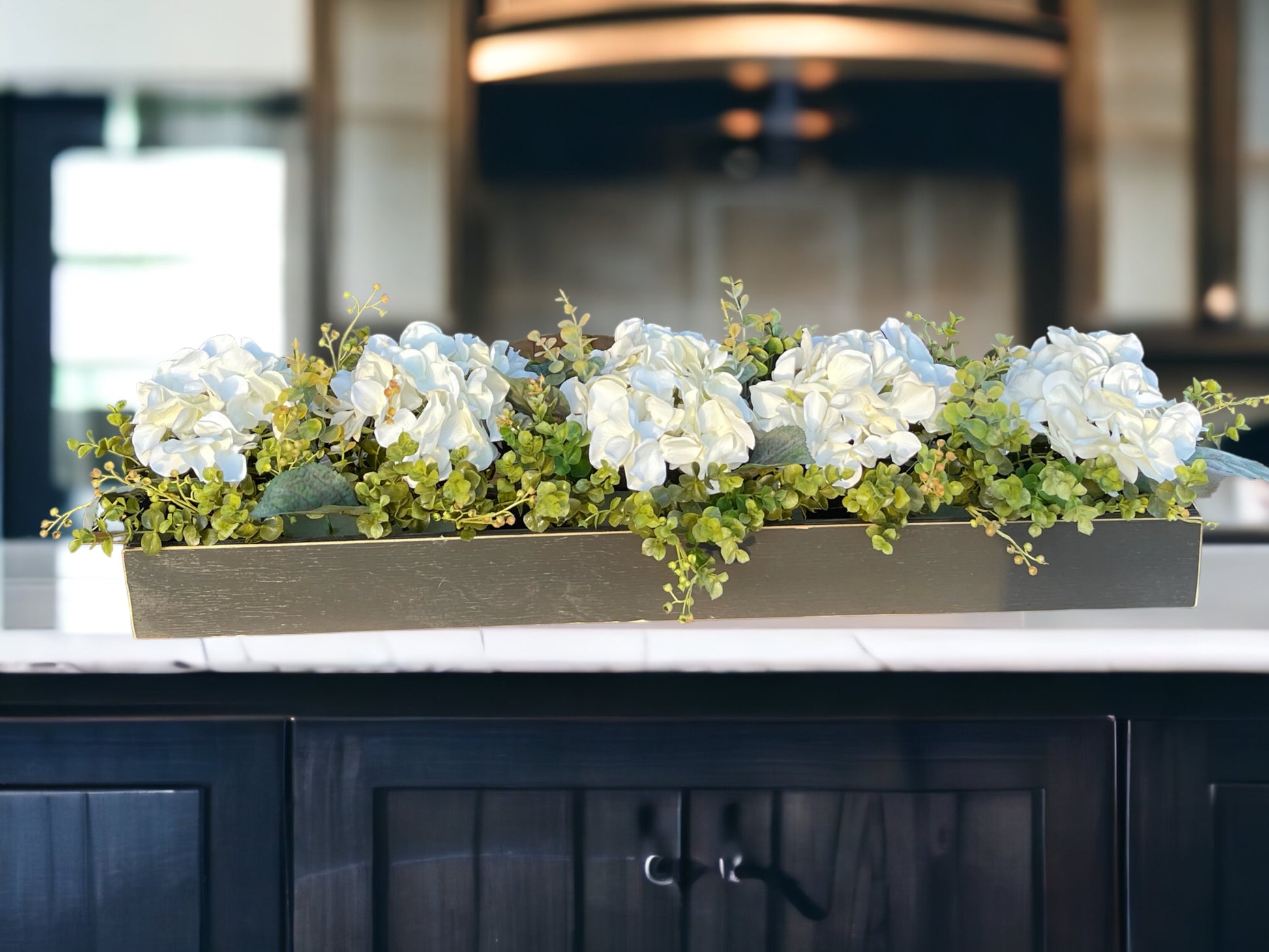 Centerpiece Table Farmhouse  CUSTOM [Kitchen Table Dining room Mantle Coffee Table]Floral Arrangement Hydrangea Boxwood Greenery Planter Box - Wooden Hearts Inc
