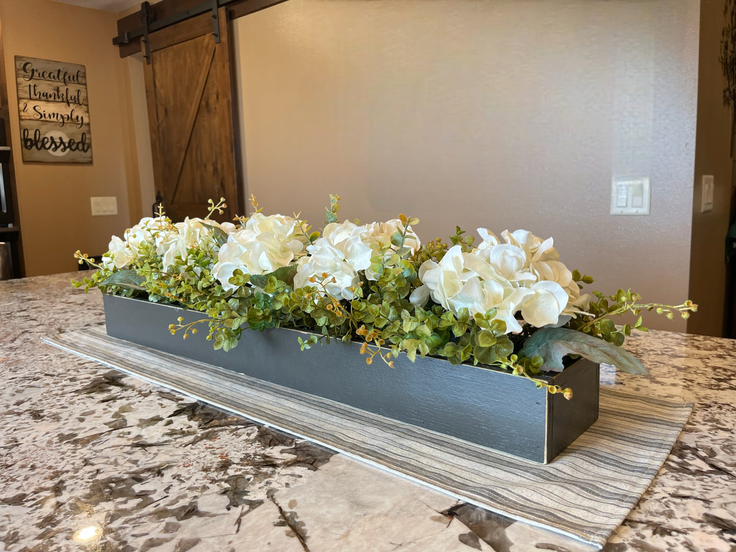 Centerpiece Table Farmhouse  CUSTOM [Kitchen Table Dining room Mantle Coffee Table]Floral Arrangement Hydrangea Boxwood Greenery Planter Box - Wooden Hearts Inc