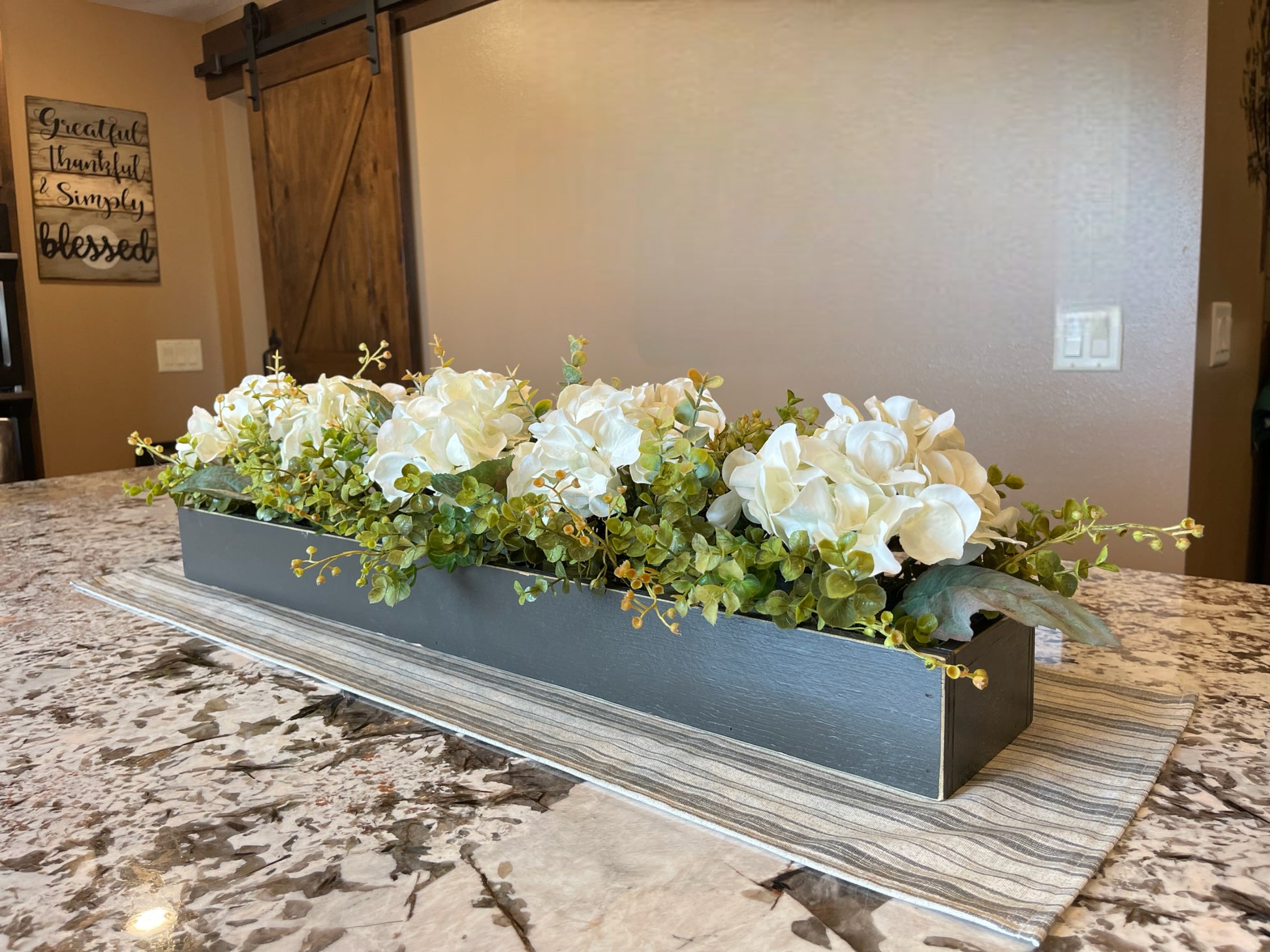 Centerpiece Table Farmhouse  CUSTOM [Kitchen Table Dining room Mantle Coffee Table]Floral Arrangement Hydrangea Boxwood Greenery Planter Box - Wooden Hearts Inc