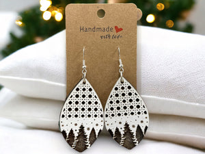 EARRINGS Engraved Teardrop Winter Trees [Red Black] Stainless steel Hypo-Allergenic [ Hanging  Dangle Boho] Light weight Wood Holiday - Wooden Hearts Inc