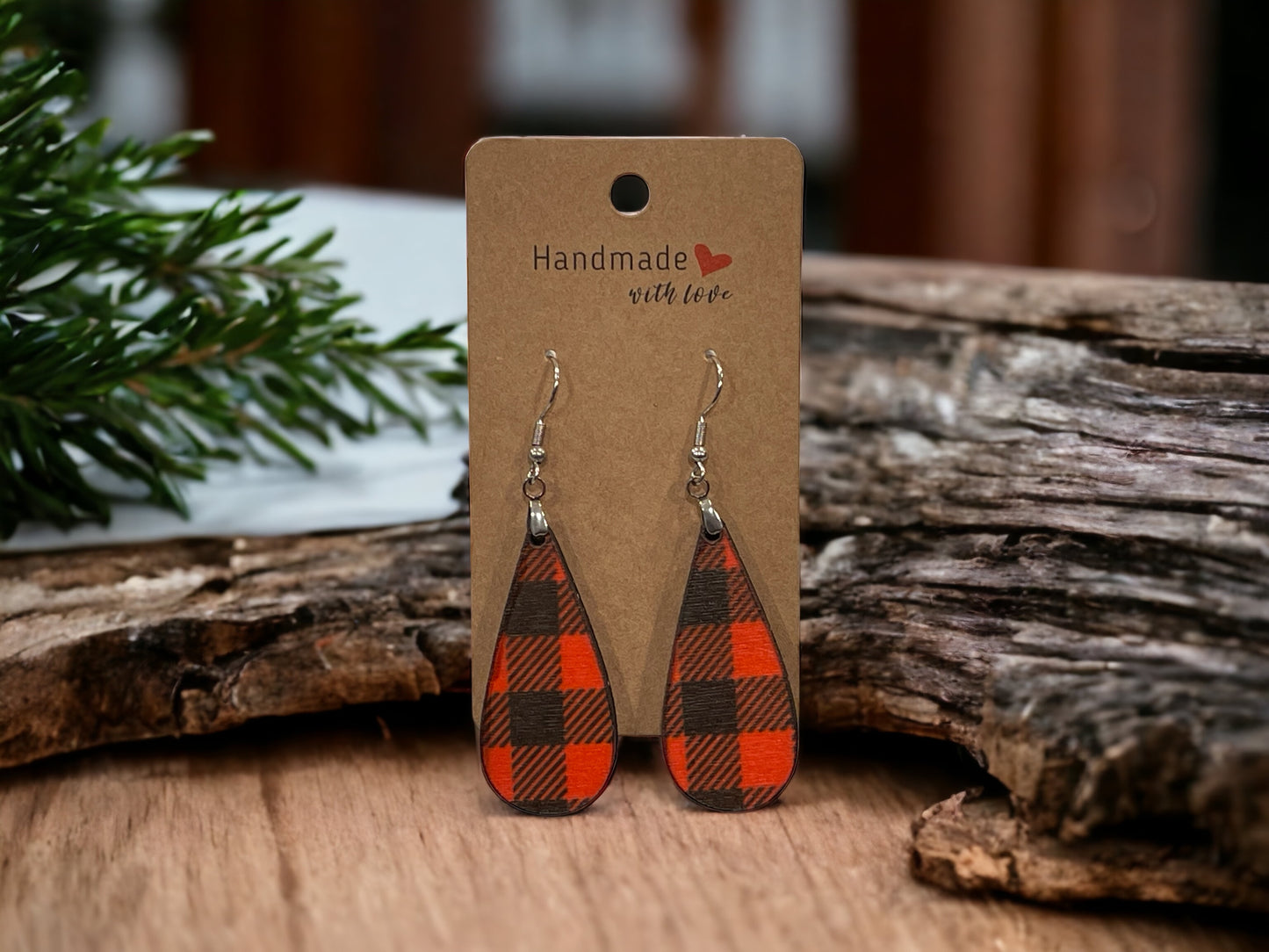 EARRINGS Buffalo Plaid [Red Black] Stainless steel Hypo-Allergenic [ Hanging Teardrop Dangle Boho] Light weight Wood - Wooden Hearts Inc
