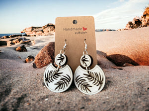 Earrings Tropical Leaf Engraved on White Boho Dangle - Wooden Hearts Inc
