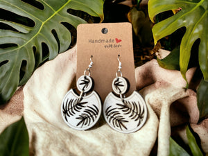 Earrings Tropical Leaf Engraved on White Boho Dangle - Wooden Hearts Inc
