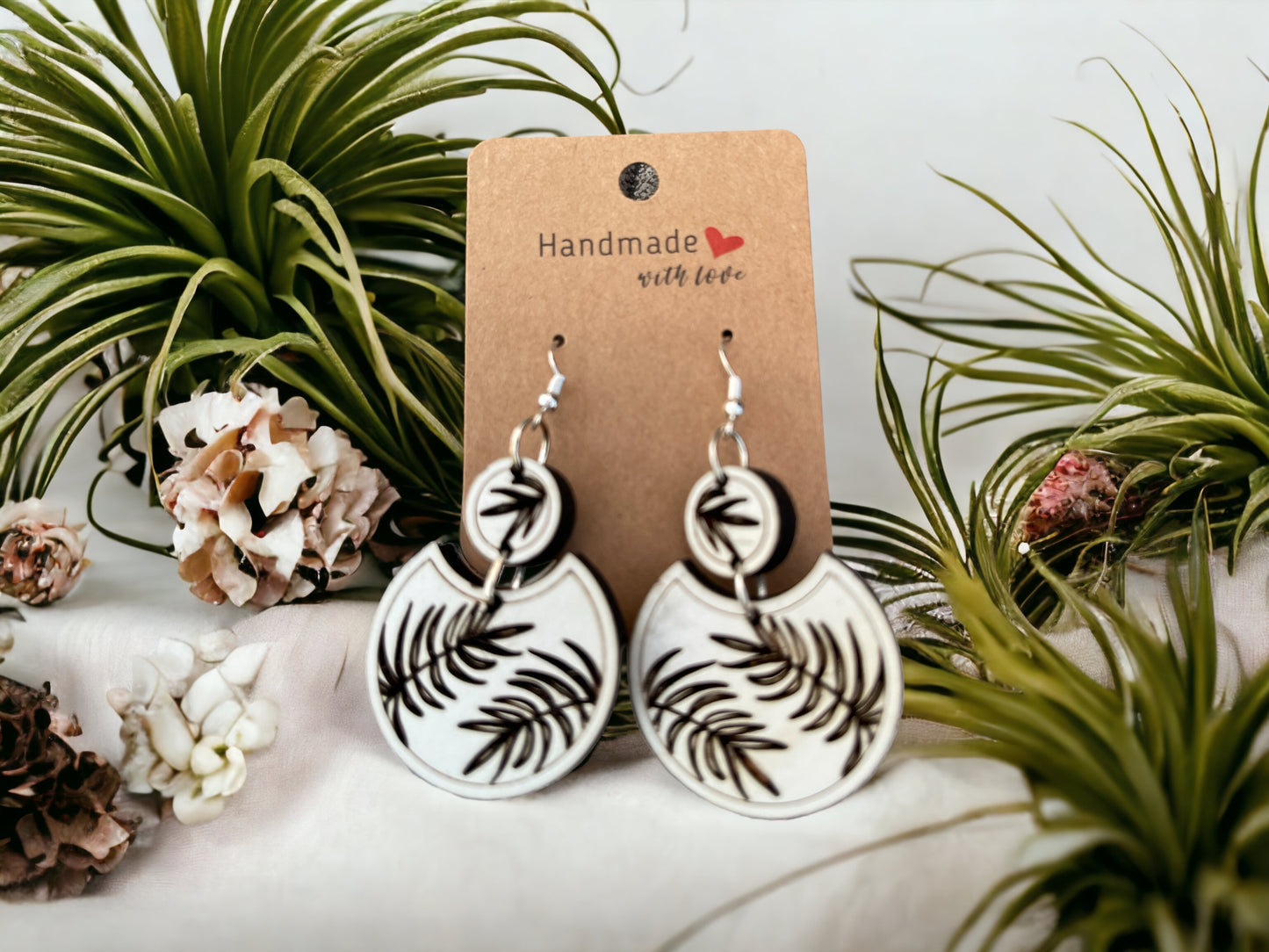 Earrings Tropical Leaf Engraved on White Boho Dangle - Wooden Hearts Inc
