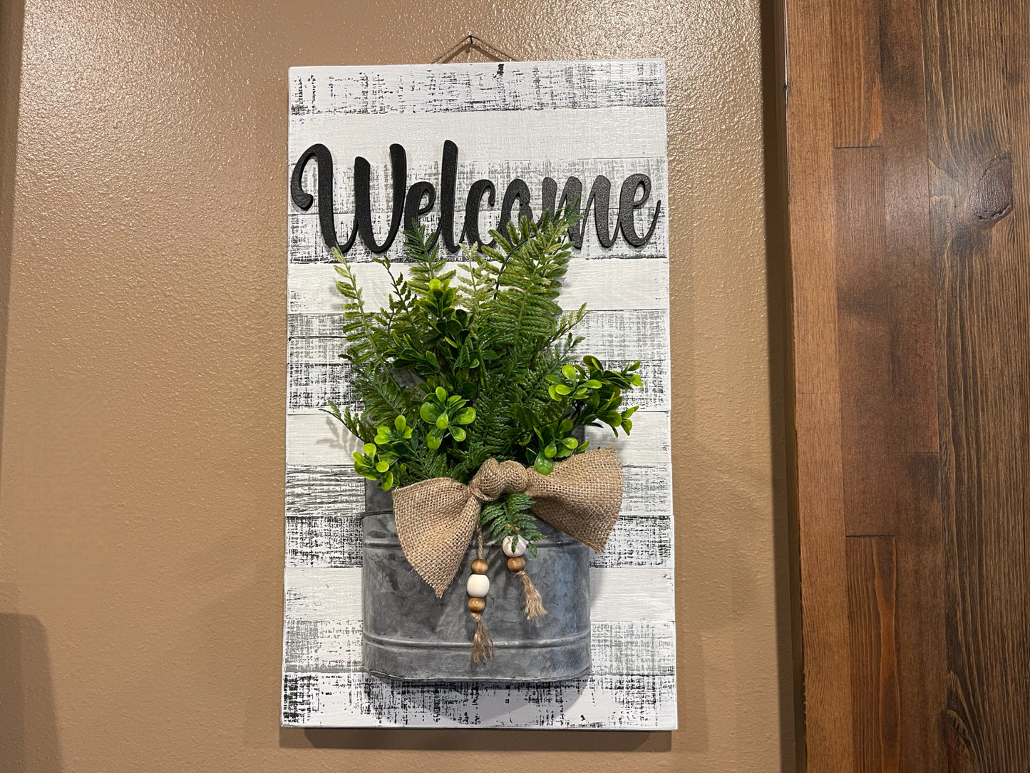 Farmhouse Wall Art Decor Welcome Sign Metal Pocket Modern  [Door Hanger Living Room Entry Kitchen] Rustic Fern Greenery Burlap Wood Beads - Wooden Hearts Inc