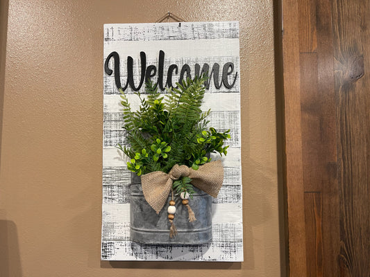 Farmhouse Wall Art Decor Welcome Sign Metal Pocket Modern  [Door Hanger Living Room Entry Kitchen] Rustic Fern Greenery Burlap Wood Beads - Wooden Hearts Inc
