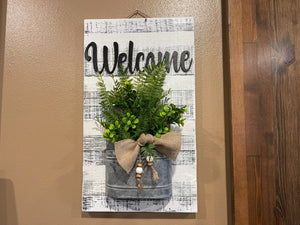 Farmhouse Wall Art Decor Welcome Sign Metal Pocket Modern  [Door Hanger Living Room Entry Kitchen] Rustic Fern Greenery Burlap Wood Beads - Wooden Hearts Inc