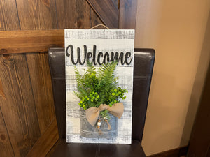 Farmhouse Wall Art Decor Welcome Sign Metal Pocket Modern  [Door Hanger Living Room Entry Kitchen] Rustic Fern Greenery Burlap Wood Beads - Wooden Hearts Inc