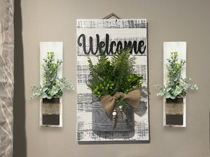 Farmhouse Wall Art Decor Welcome Sign Metal Pocket Modern  [Door Hanger Living Room Entry Kitchen] Rustic Fern Greenery Burlap Wood Beads - Wooden Hearts Inc