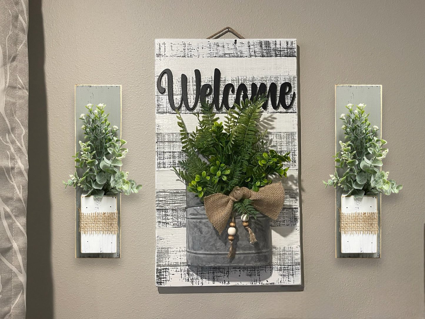Farmhouse Wall Art Decor Welcome Sign Metal Pocket Modern  [Door Hanger Living Room Entry Kitchen] Rustic Fern Greenery Burlap Wood Beads - Wooden Hearts Inc