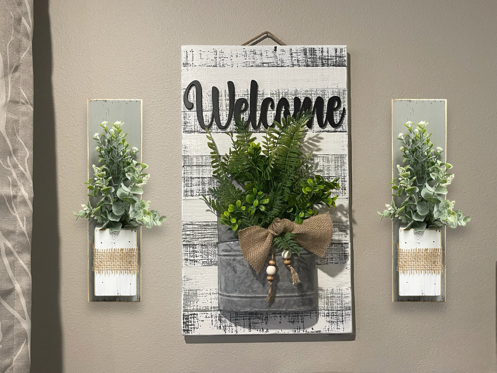 Farmhouse Wall Art Decor Welcome Sign Metal Pocket Modern  [Door Hanger Living Room Entry Kitchen] Rustic Fern Greenery Burlap Wood Beads - Wooden Hearts Inc