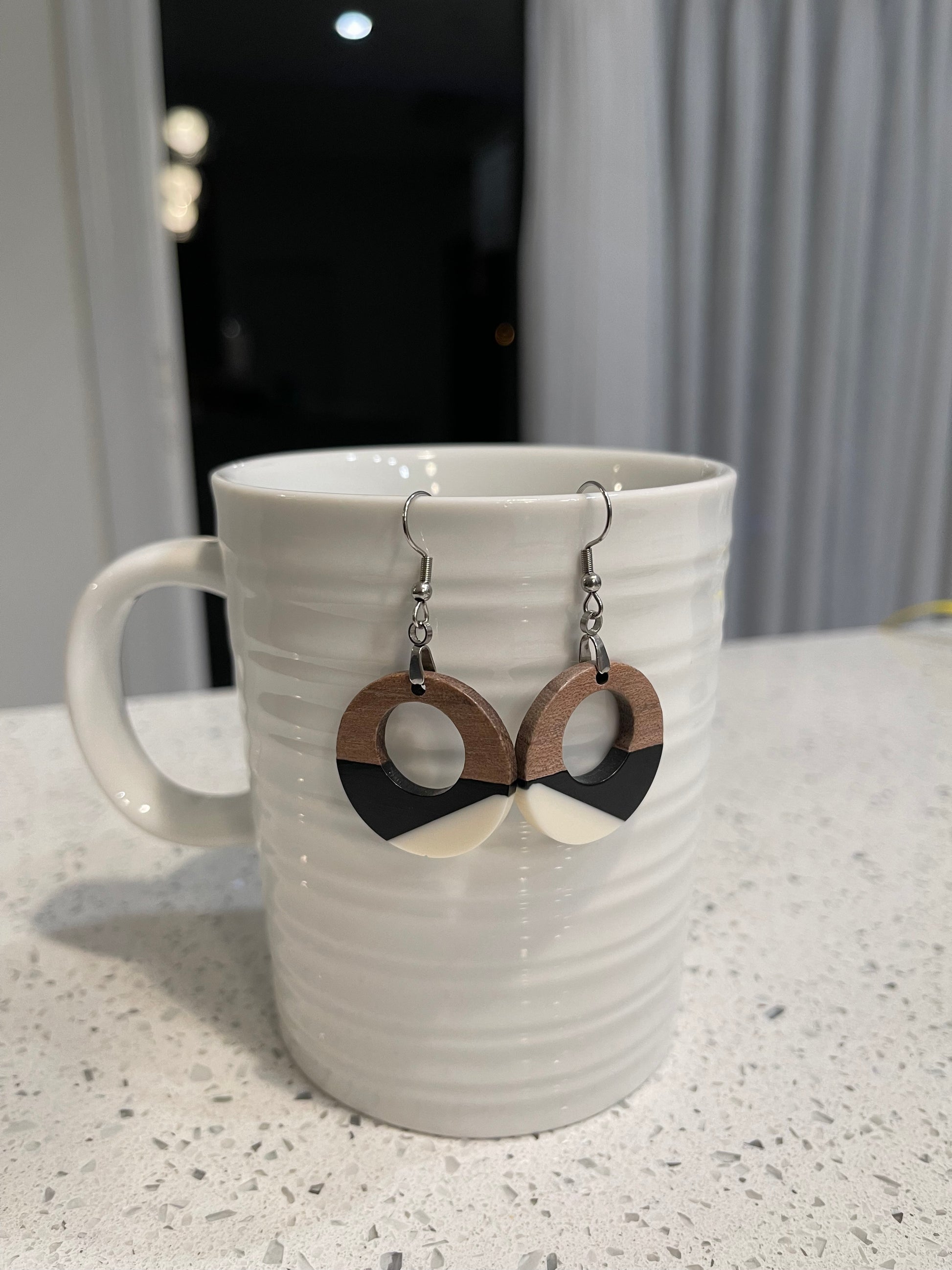 EARRINGS Natural Wood  [Coral & Black Resin, White, Grey] Stainless steel Hypo-Allergenic Hooks [ Hanging Dangle Boho] Light weight Wood - Wooden Hearts Inc