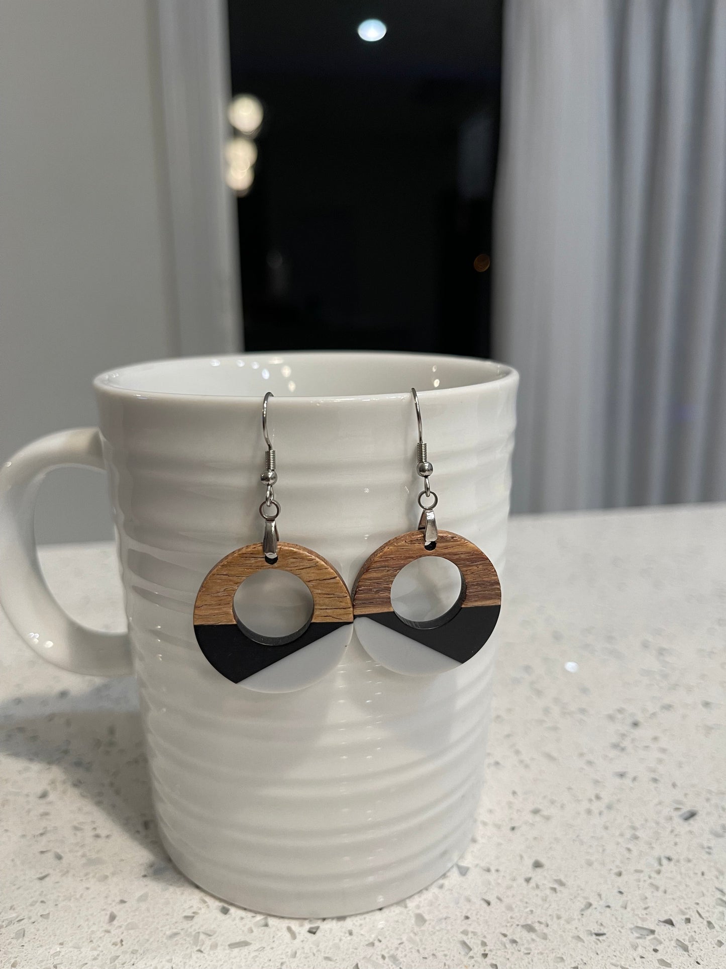 Copy of Copy of EARRINGS Natural Wood  [White & Black Resin, or Grey or Coral] Stainless steel Hypo-Allergenic Hooks [ Hanging Dangle Boho] Light weight Wood - Wooden Hearts Inc