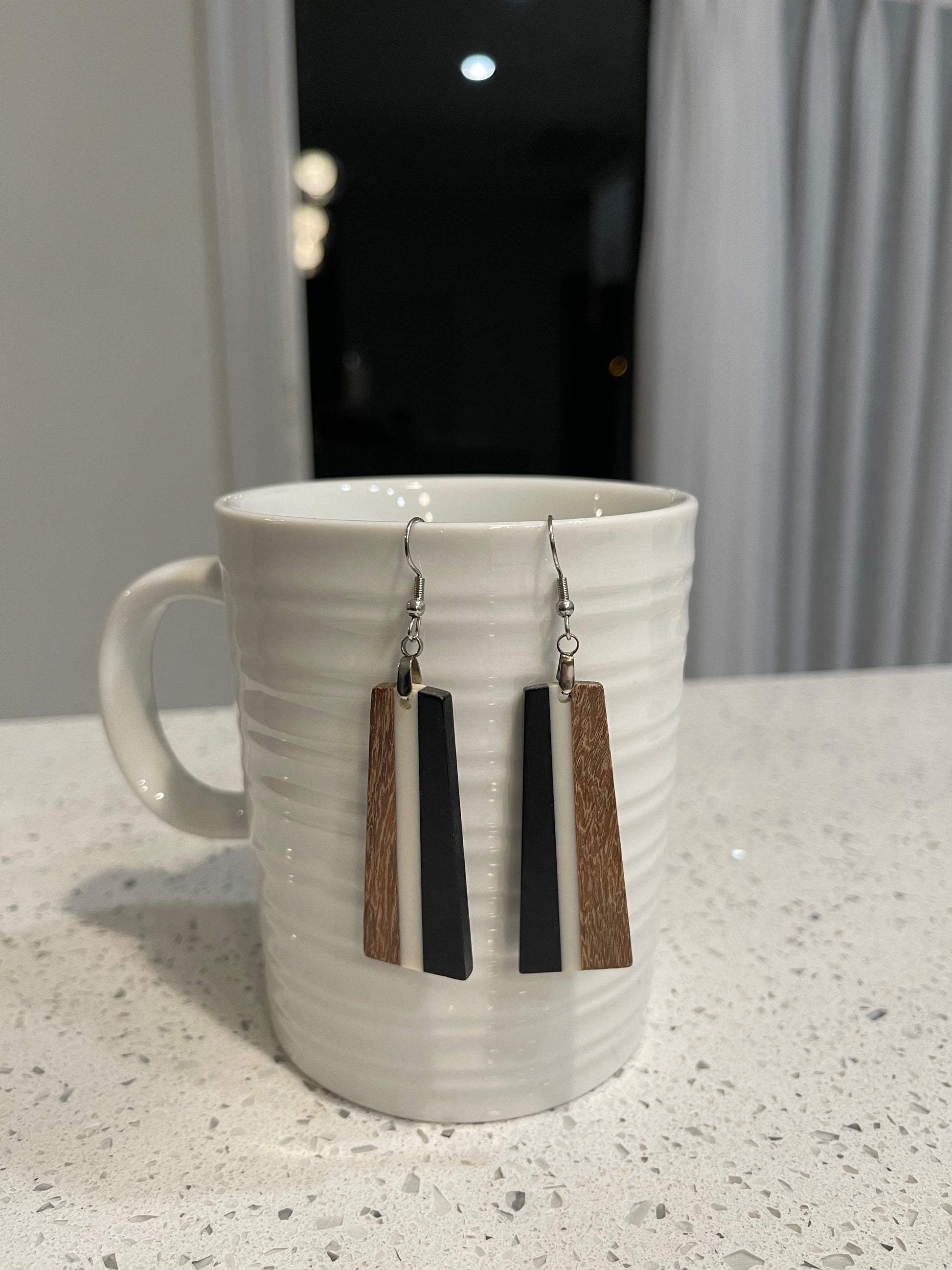EARRINGS Natural Wood  [White + Black Resin] Stainless steel Hypo-Allergenic Hooks [ Hanging Dangle Boho] Light weight Wood Holiday Gift - Wooden Hearts Inc