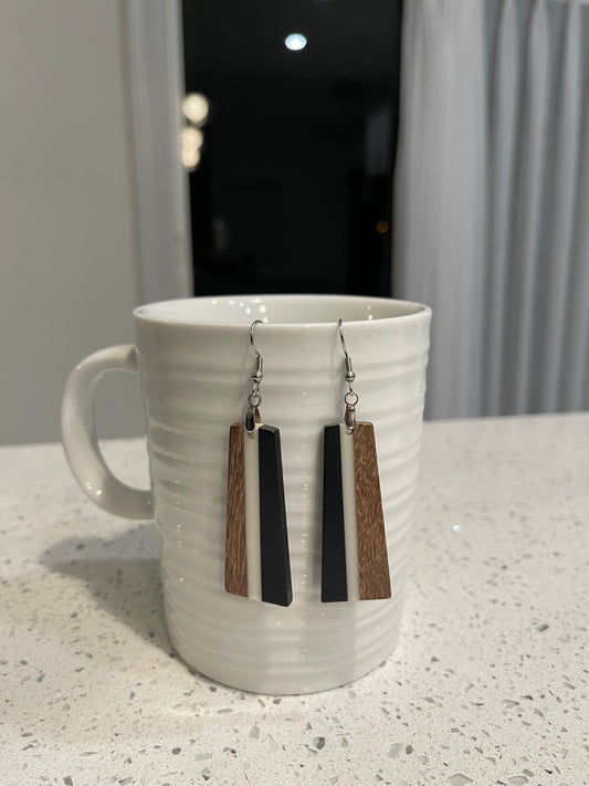 EARRINGS Natural Wood  [White + Black Resin] Stainless steel Hypo-Allergenic Hooks [ Hanging Dangle Boho] Light weight Wood Holiday Gift - Wooden Hearts Inc
