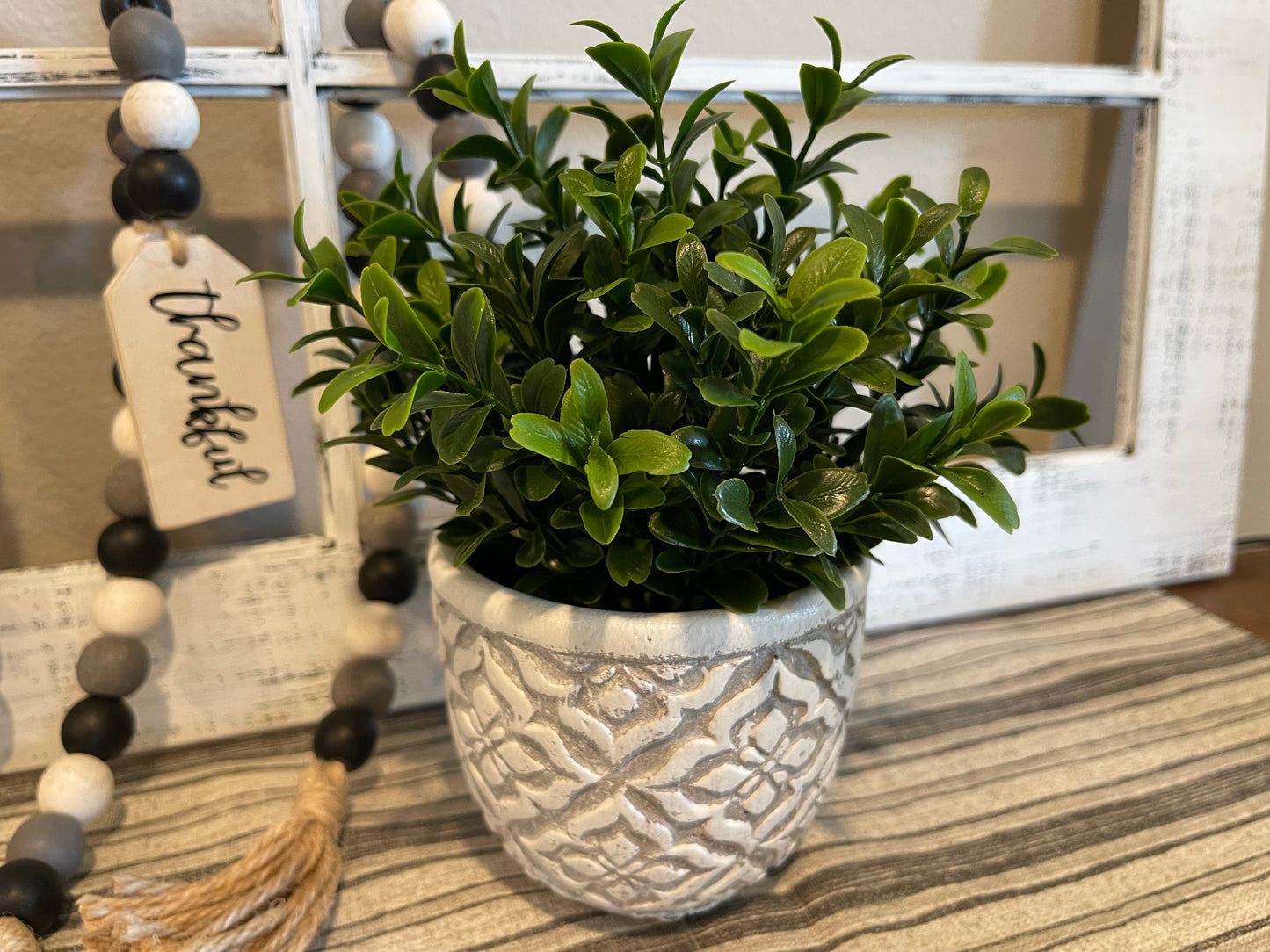 Potted Plant Floral Centerpiece, Vase Boxwood Greenery, Farmhouse Style ,Classic Minimalist Decor, Table Shelf  living Room Dining Kitchen - Wooden Hearts Inc