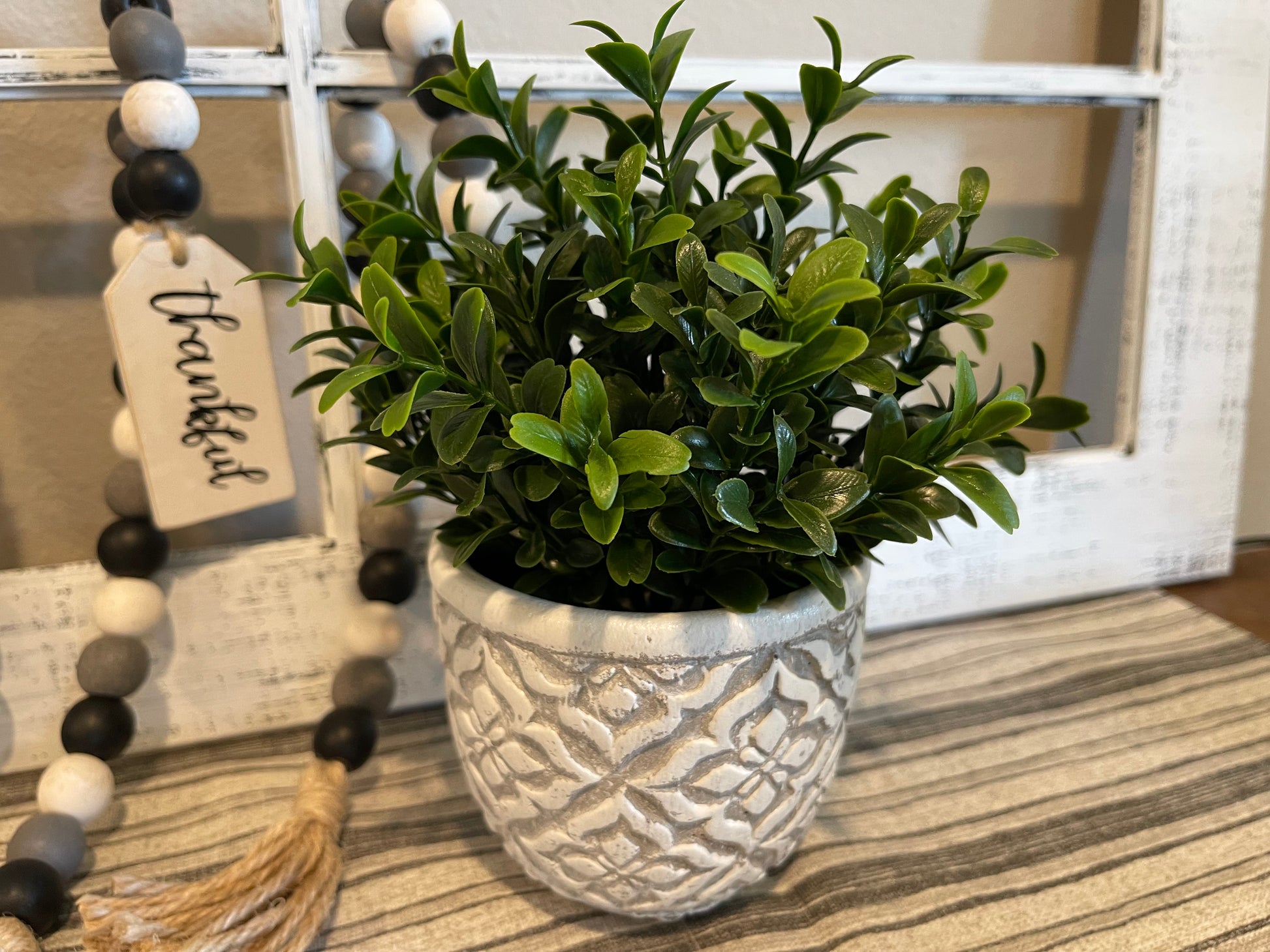 Potted Plant Floral Centerpiece, Vase Boxwood Greenery, Farmhouse Style ,Classic Minimalist Decor, Table Shelf  living Room Dining Kitchen - Wooden Hearts Inc