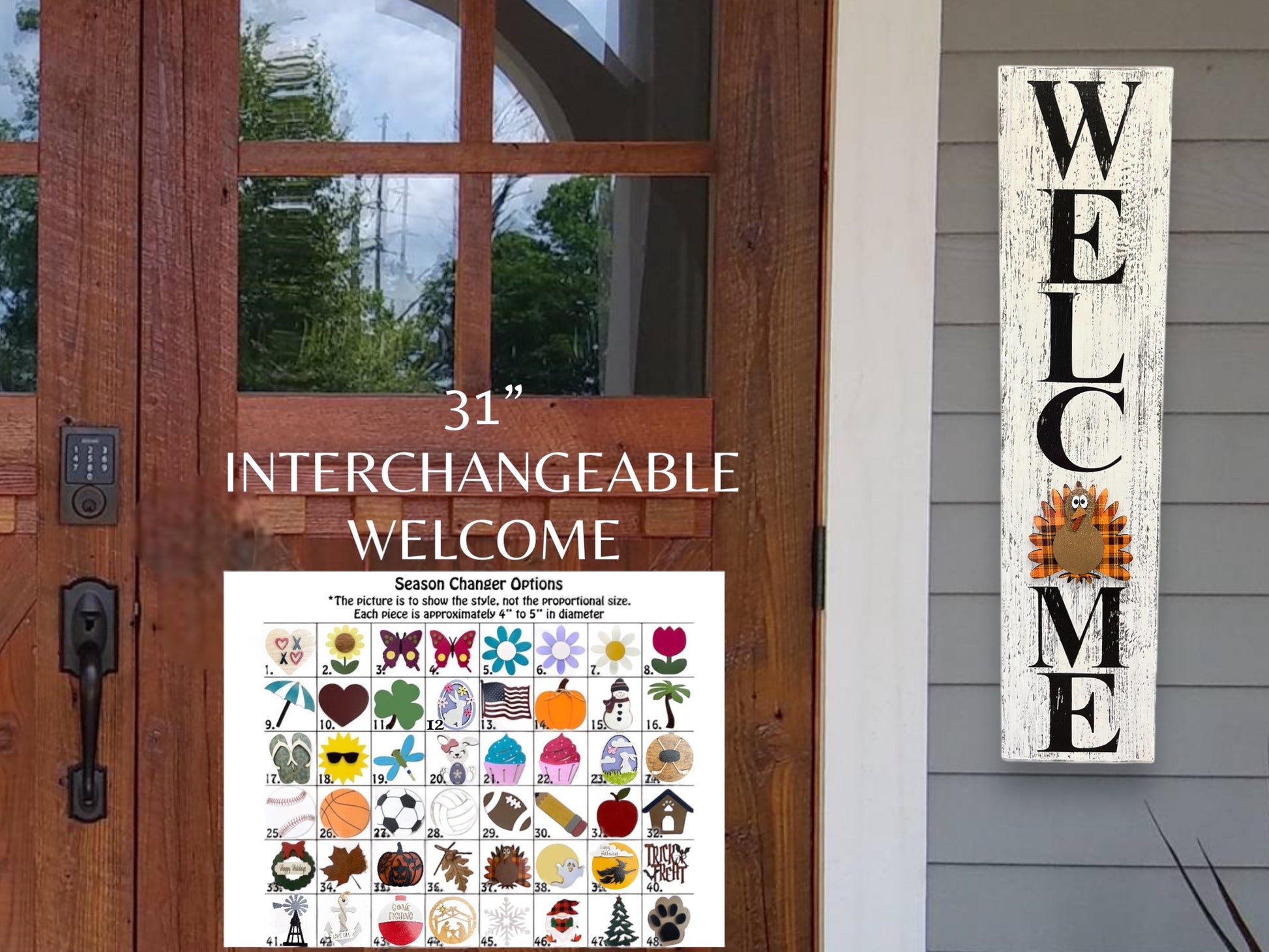 Interchangeable Welcome Sign, 31" Vertical Porch Sign, Front Door, Seasonal Holiday, Housewarming Gift, White Grey or Taupe INCLUDES 1 Piece - Wooden Hearts Inc