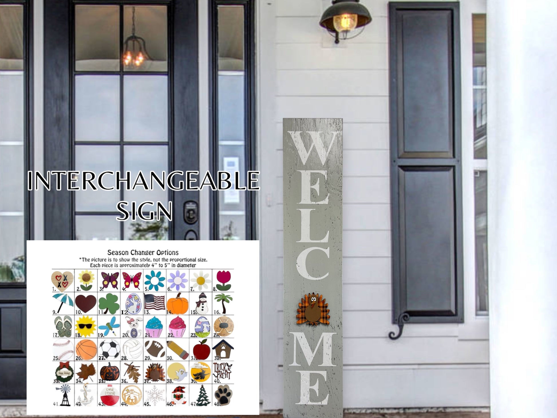 45" WELCOME SIGN + 1 interchangeable SEASON CHANGER PIECE Magnetic Sign Gift Porch Door - Wooden Hearts Inc