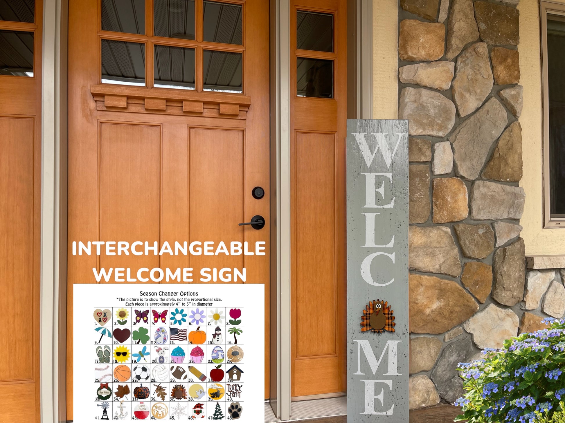 WELCOME SIGN 45" + 1 interchangeable SEASON CHANGER PIECE Magnetic Sign Gift Porch Door - Wooden Hearts Inc