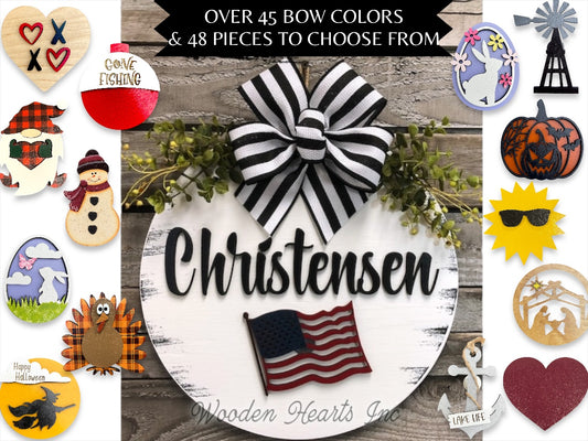 PERSONALIZED Season Changer + Interchangeable piece Door Hanger Welcome Wreath Custom 14" Round Sign - Wooden Hearts Inc
