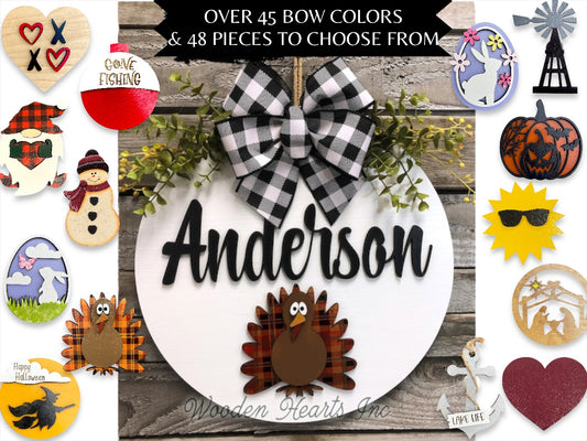 PERSONALIZED Season Changer + Interchangeable piece Door Hanger Welcome Wreath Custom 14" Round Sign - Wooden Hearts Inc