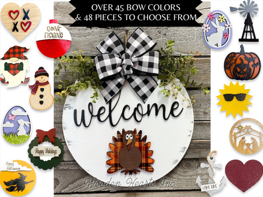 Welcome Season Changer + Interchangeable piece Door Hanger Welcome Wreath Custom 14" Round Sign - Wooden Hearts Inc