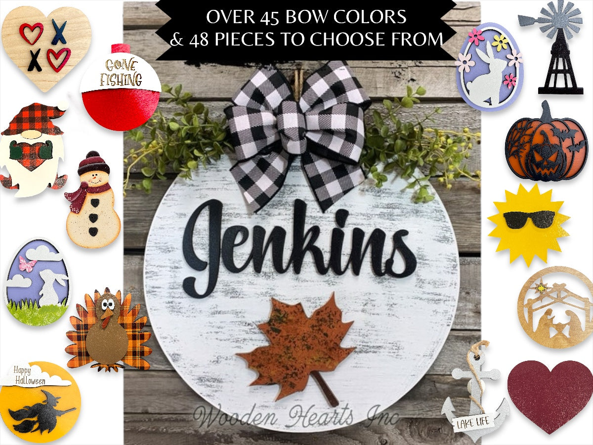 PERSONALIZED Season Changer + Interchangeable piece Door Hanger Welcome Wreath Custom 14" Round Sign - Wooden Hearts Inc