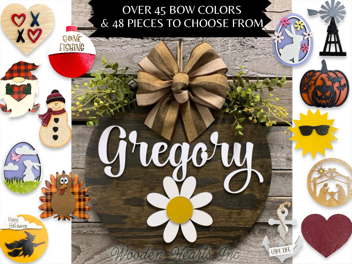 PERSONALIZED Season Changer + Interchangeable piece Door Hanger Welcome Wreath Custom 14" Round Sign - Wooden Hearts Inc