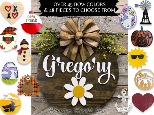 PERSONALIZED Season Changer + Interchangeable piece Door Hanger Welcome Wreath Custom 14" Round Sign - Wooden Hearts Inc