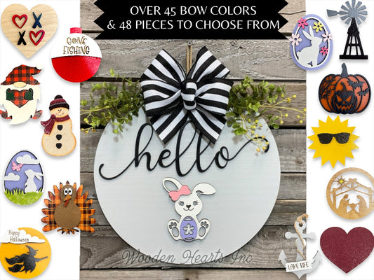 Hello Season Changer + Interchangeable piece Door Hanger Welcome Wreath Custom 14" Round Sign - Wooden Hearts Inc
