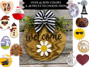 WELCOME Season Changer + Interchangeable piece Door Hanger Hello Wreath Custom 14" Round Sign - Wooden Hearts Inc