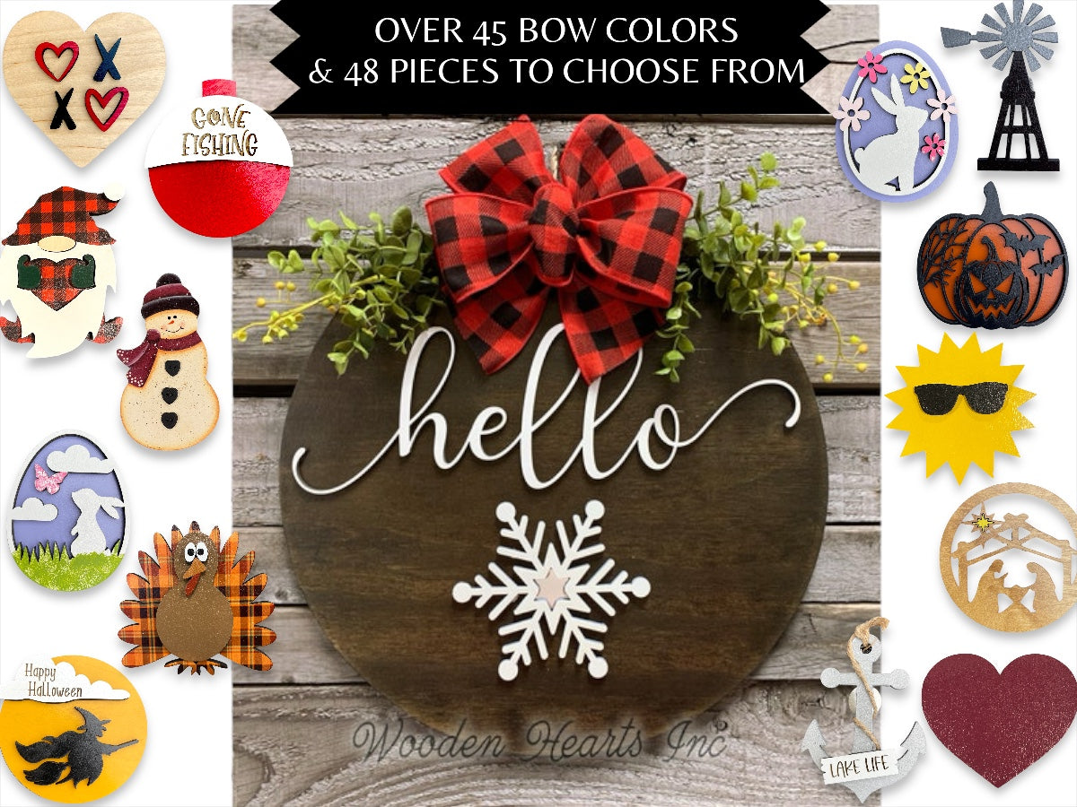 Hello Season Changer + Interchangeable piece Door Hanger Welcome Wreath Easter 14" Round Sign - Wooden Hearts Inc